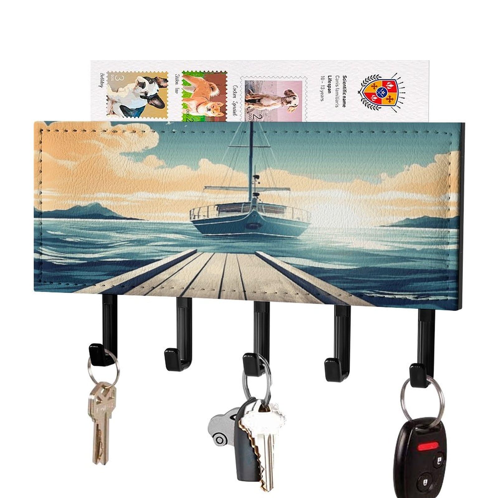 FekiLoot Boat Seascape Theme Key Holder Wall Mount Key and Mail Holder Key Hanger with 5 Hooks Decorative PU Key Rack Hanging Key Hooks for Wall Living Room Kitchen Bathroom Hallway Black-Style
