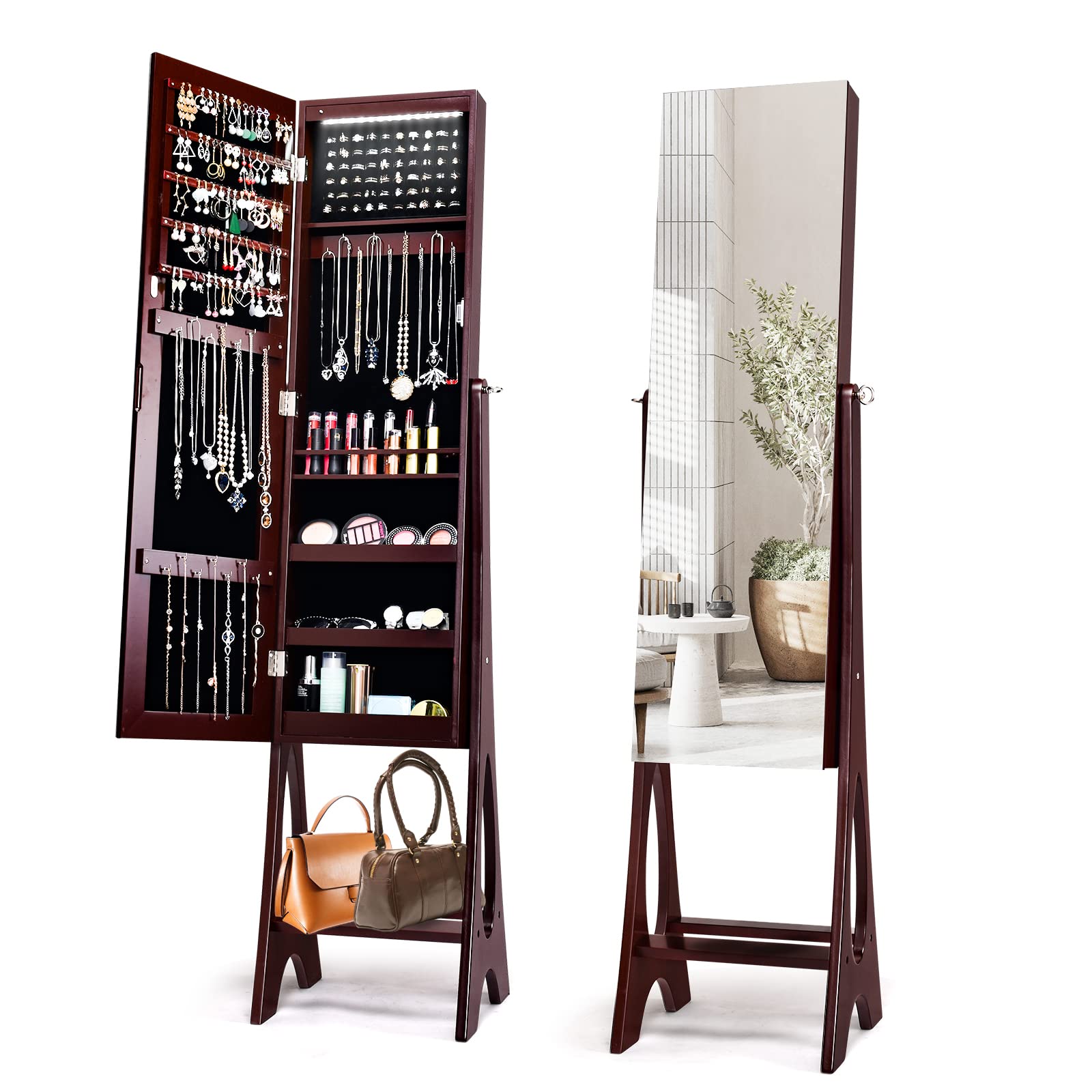 COSTWAY LED Lights Jewellery Cabinet, Freestanding Lockable Jewelry Armoire with Full Length Mirror and Large Storage, Angle-Adjustable Bedroom Makeup Cosmetics Jewellery Organiser Unit Gift (Brown)