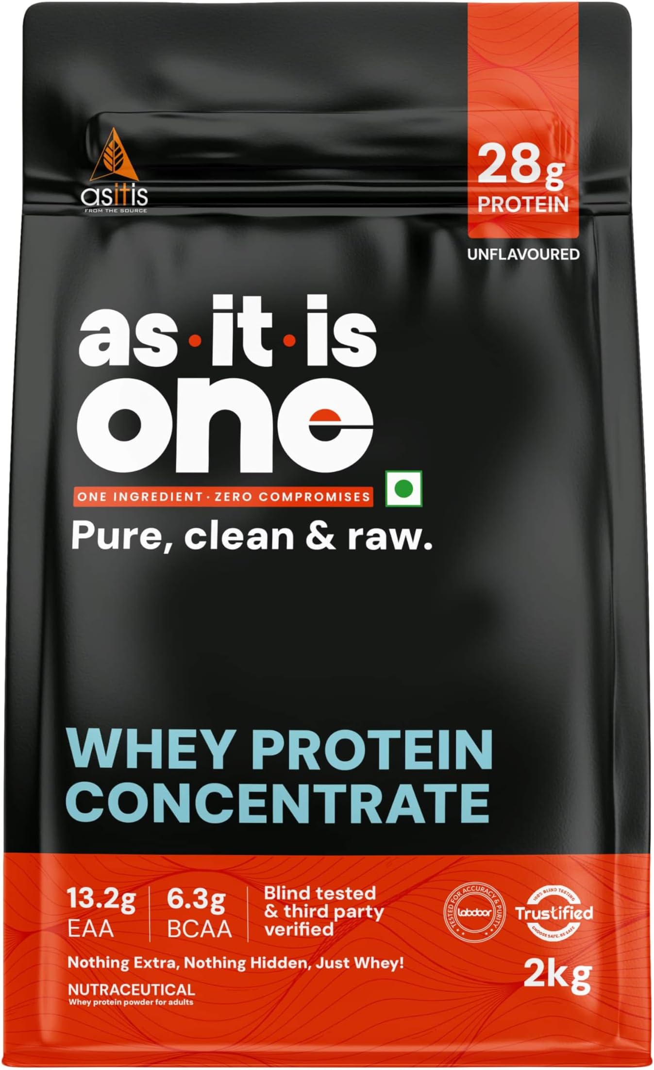 - AS-IT-IS ONE Whey Protein Concentrate I Pure, Clean & Raw I 28g Protein per Serve, Unflavoured 2kg |Labdoor & Trustified Certified I No Amino Spike OR Heavy Metals I Protein for All Ages Adults