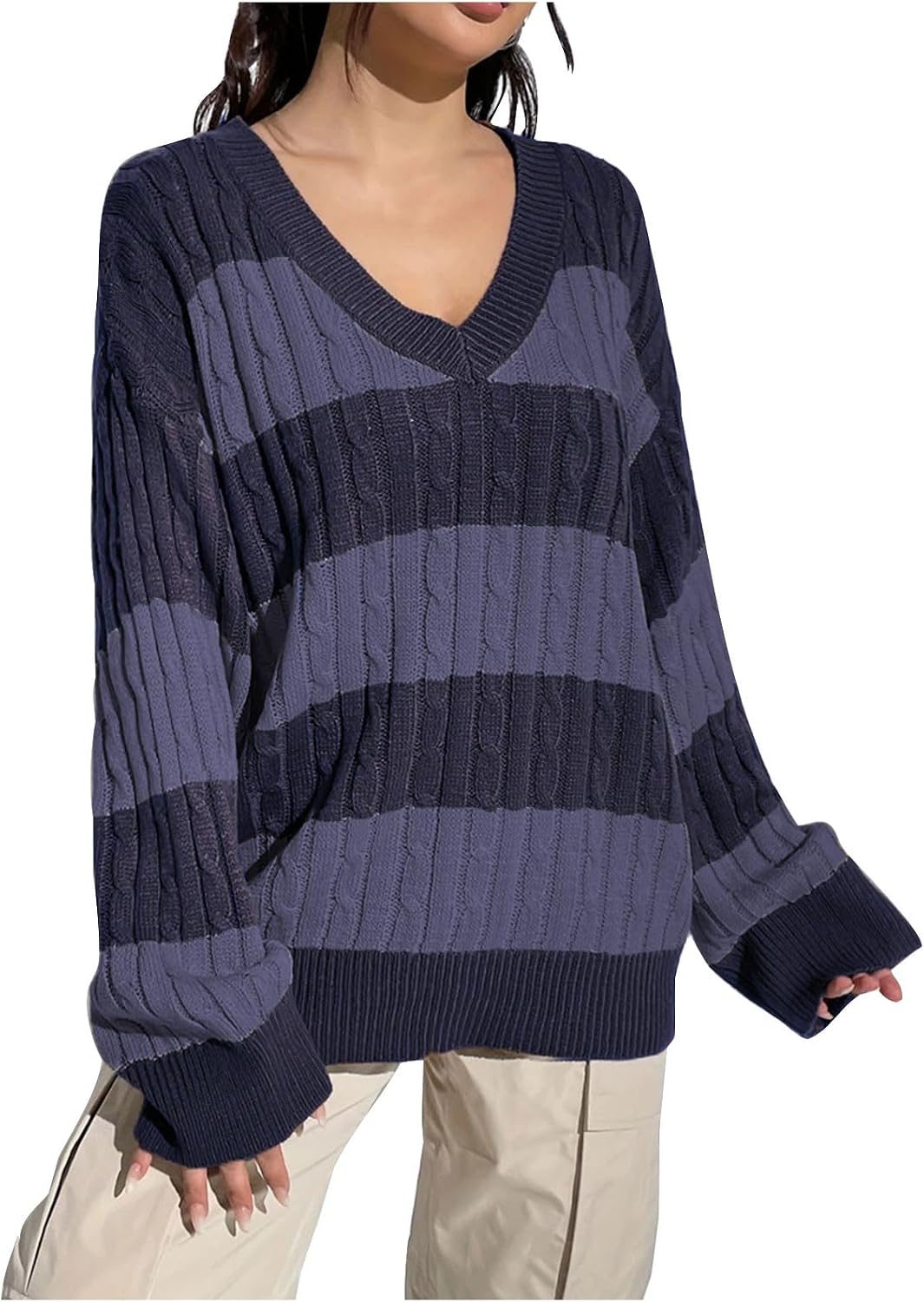 Womens Sweaters Striped V Neck Oversized Lightweight Pullover Fall Outfits Fashion 2026 Cute Drop Shoulder Clothes
