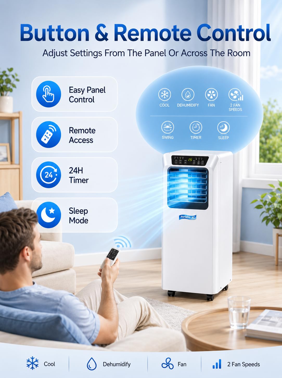 Climatiseur Mobile Monobloc 3 en 1 avec Tuyau d’Évacuation (9000BTU)