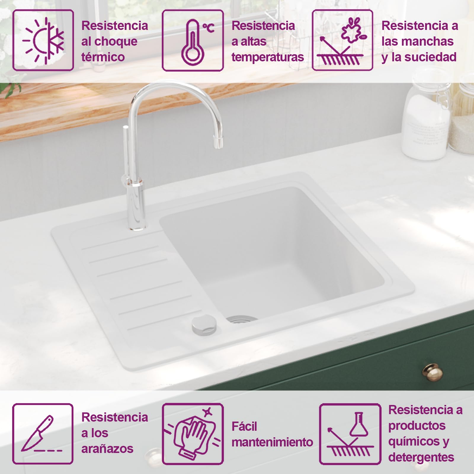 vidaXL Fregadero de cocina con un seno granito blanco