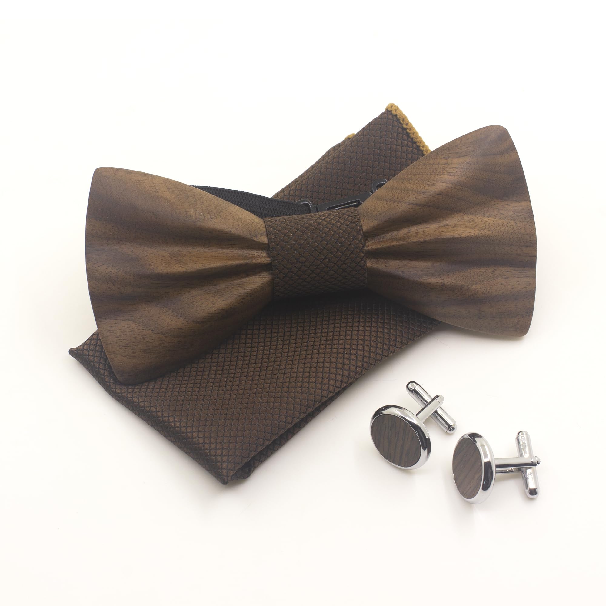 Ensemble Nœud papillon Bois pour Homme Mariage Fête Noeud Papillon,Boutons de Manchette,Mouchoir