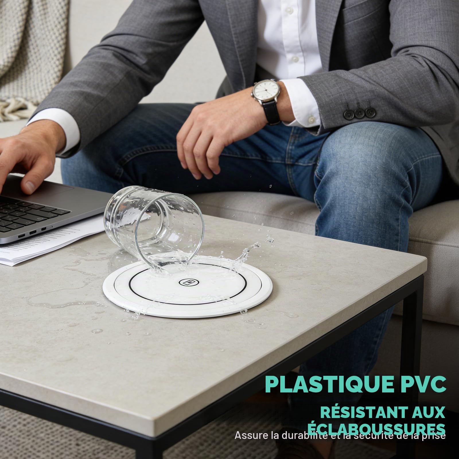 Multiprise de Table Rétractable 9 en 1, Prise Encastrée avec USB-C PD 75 W, Multiprise 4 Prises avec Charge sans Fil 15 W, Prise de Table Rétractable pour Plan de Travail, Bureau (Blanc)