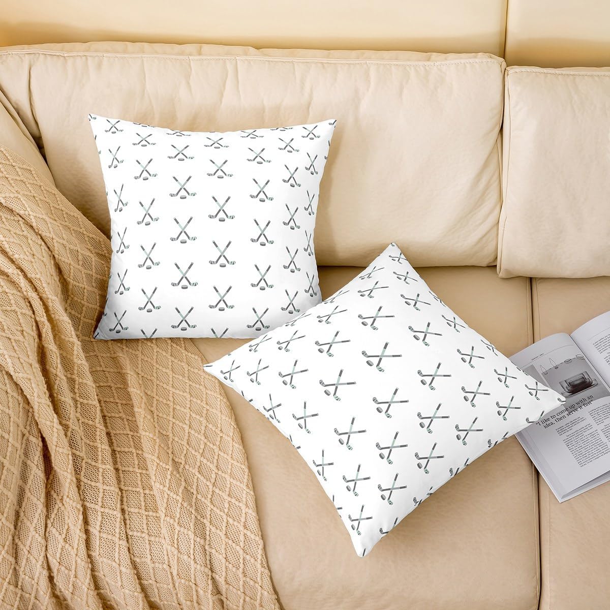 Ice Hockey Throw Pillow Covers 24"x24" Set of 2 Soft Ice Sports Games Pillow Cases Cushion Covers for Teens Bedroom Decor Hockey Player Decorative Throw Pillowcases Puck Hockey White Cushion Cases