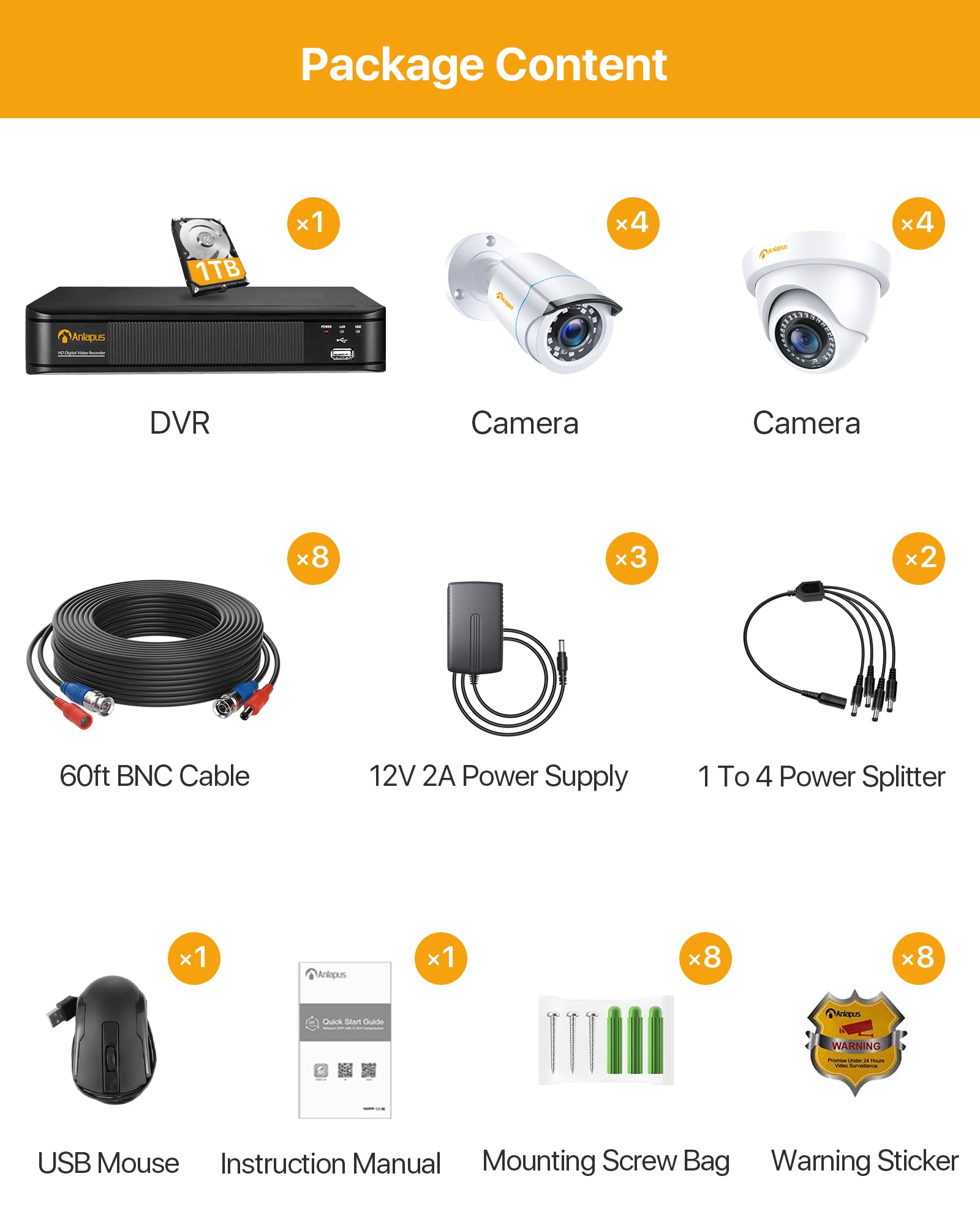 Anlapus 1080P Kit di Sorveglianza 8CH H.265+ Videoregistrator DVR con 8pcs Telecamera Esterno, 1TB HDD, Visione Notturna, Motion Detection, Allarme E-mail, P2P