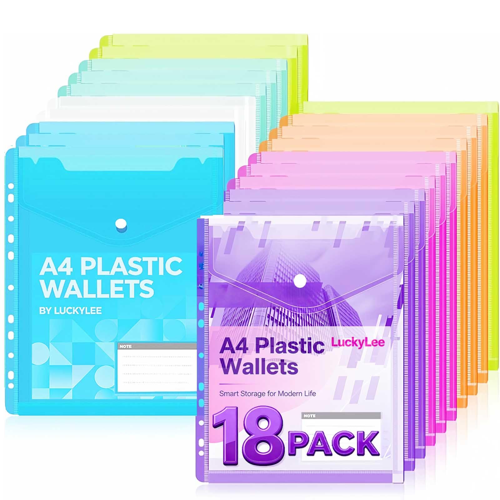 18PCS Plastic Wallet A4 Punched Pockets - 6 Colours Plastic File Folders with 11 Holes,Transparent Document Envelopes Wallets with Snap Button Label Pockets for Office, School, and Home Organization — image 1