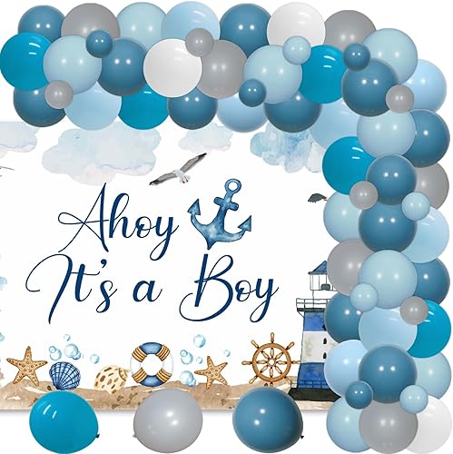 70 piezas de decoraciones náuticas para baby shower para niños con fondo Ahoy It's a Boy azul blanco marino marino faro barco y arco de globos para