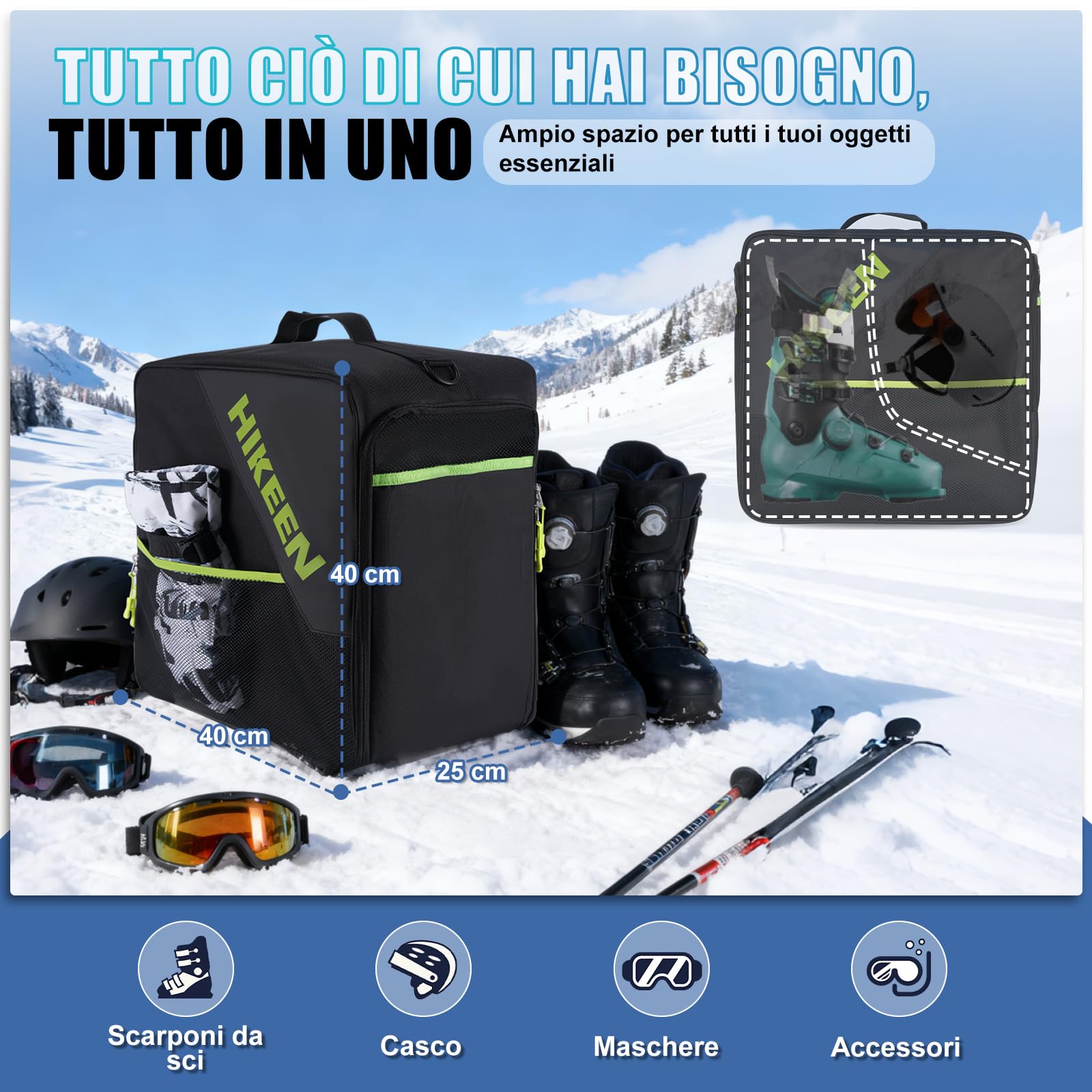 Hikeen Zaino Portascarponi da Sci con Scomparto per Casco, 40L, Ventilazione a Rete, Base Rinforzata Eva, Apertura Ampia e Materiale Resistente, per Sci e Pattinaggio