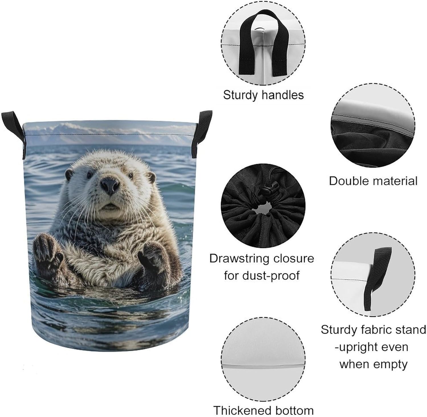 Sea Otter Laundry Bag Large Collapsible Laundry Baskets Freestanding Waterproof Clothes Hamper with Handles & Drawstring for Laundry Room Bedroom Bathroom