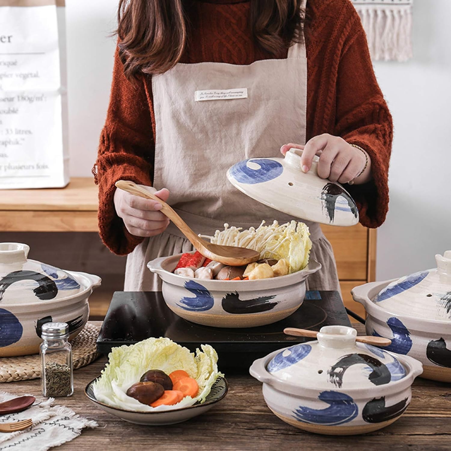 Donabe Japanese Casserole Pot Heat Resistant Ceramic Casserole With Lid Clay Rice Cooker Pot Casserole Clay Pot Slow Stev Saucepan Health Saucepan,C,1.2L