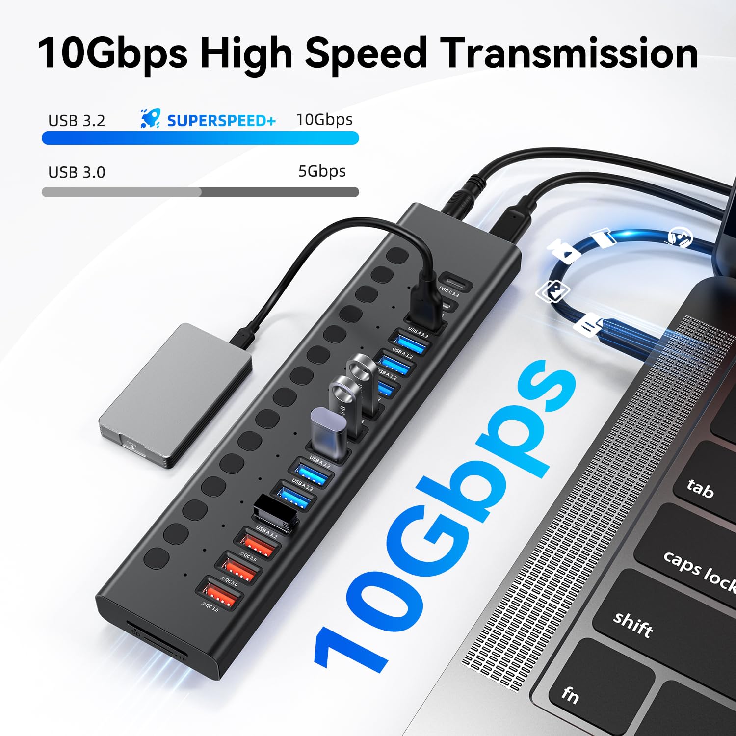 VANGREE Hub USB 3.0 Hub de 17 puertos 90 W (10 puertos USB 3.0 + 3 puertos de carga rápida QC24W + 2 puertos USB-C 3.0 + lector de tarjetas SD/TF), interruptores individuales de encendido/apagado