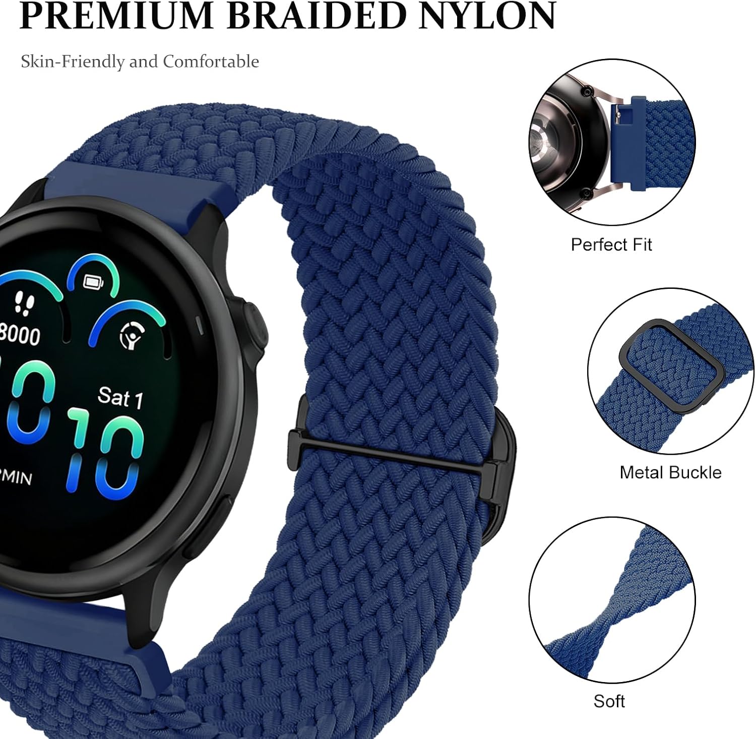 5 Pack Braided Stretchy Bands Compatible with Garmin Vivoactive 6/5/3/Venu 2 Plus/Forerunner 165/55/245/645,20mm Adjustable Nylon Solo Loop Watch Straps for Garmin Venu/Sq/Sq 2/Vivomove HR - Image 2