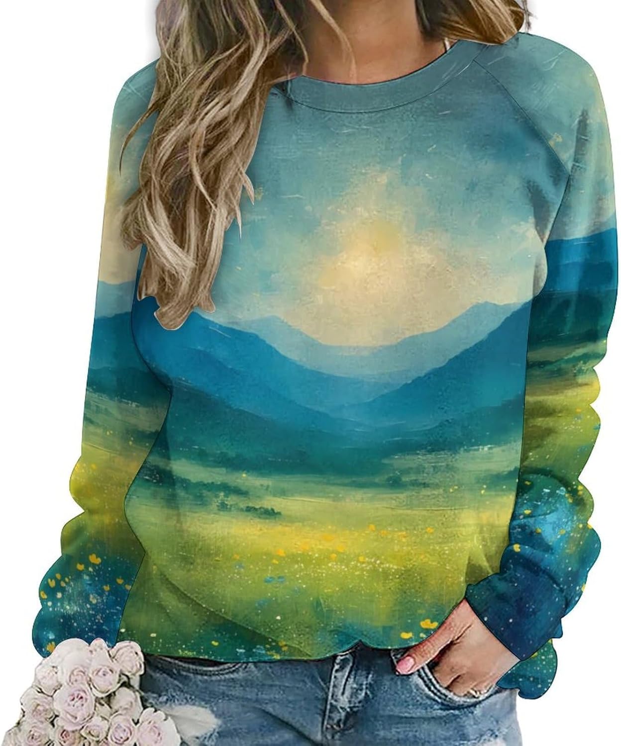 LOAIHA Women's Floral Printed Sweatshirt Long Sleeve Crewneck Hoodies FLower Sweaters Graphic T Shirts Pullover Ladies Tops