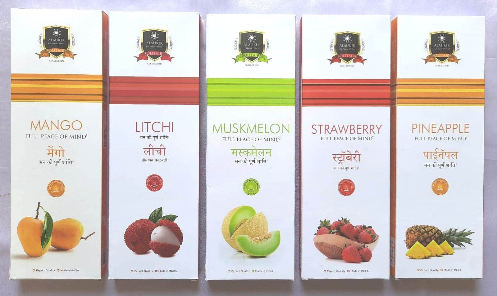 GenericAalaukik Solitaire Incense Sticks for Pooja Combo Pack of 5 - Mango, Litchi, Muskmelon, Strawberry, Pineapple (90 GMS x 5=450 GMS) | Approx 55 Sticks per Pouch