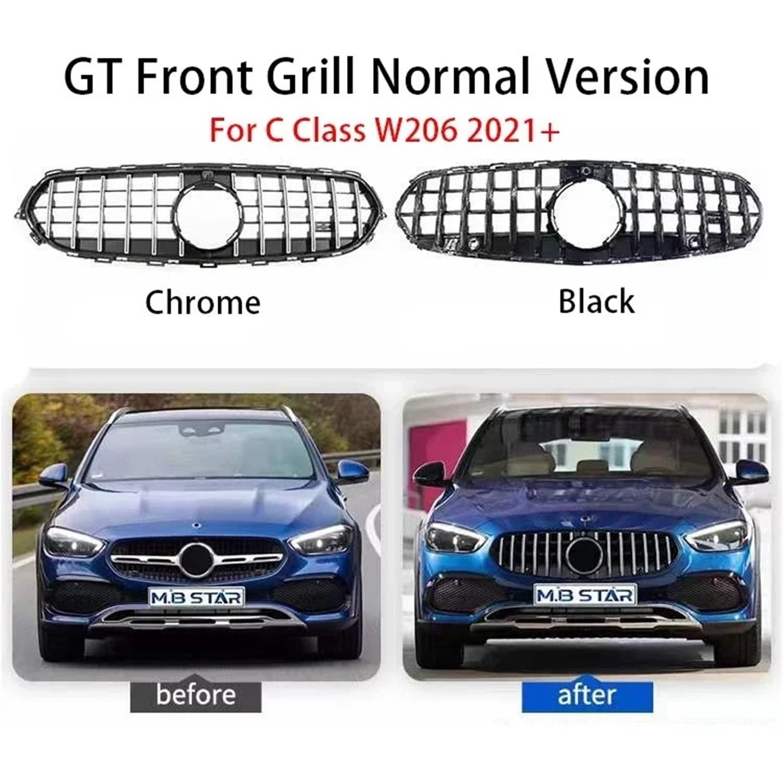 Pasuje do Mercedesa Benz Klasy C W206 Maska samochodu Grill GT Grille Fit C180 C200 C300 C350 AMG Brs Style Grill 2022+ Część samochodowa(GT Black Color)