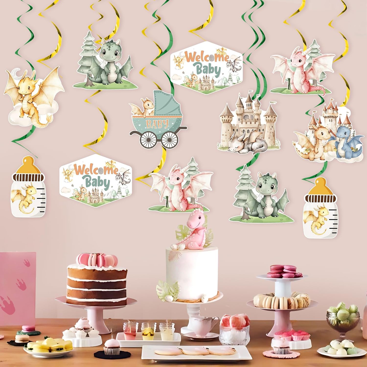 Dragons Baby Shower Decorations 24pcs Dragon Party Hanging Swirls Dragons Party Hanging Decoration A Little Dragon Is On The Way Baby-Shower Hatching Soon Streamer for Pregnancy