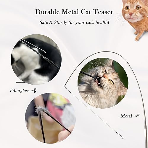 Miniatura 4 de Juguete de caña de pescar para gatos, varita de gato, varilla retráctil de metal con mango de madera, 6 accesorios de repuesto de plumas con