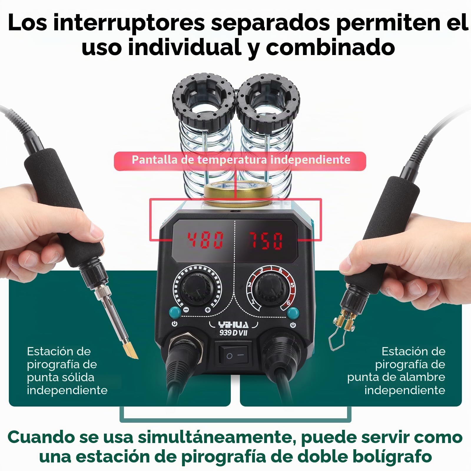YIHUA 939D-VII pirograbador de madera- Kit de bquemador de madera - Estación 2 en 1 Punto Sólido 200-480°C (con pantalla de temperatura) / Punto de Alambre 250-750°C con 23 Puntas, 25 Puntos Sólidos