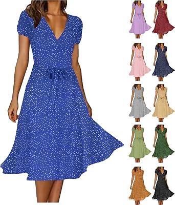 SMIDOW Womens Summer Wrap V-Neck Tie Waist Dress Bandage Boho Print Casual Short Sleeve Maxi Dress Vacation Midi Dress