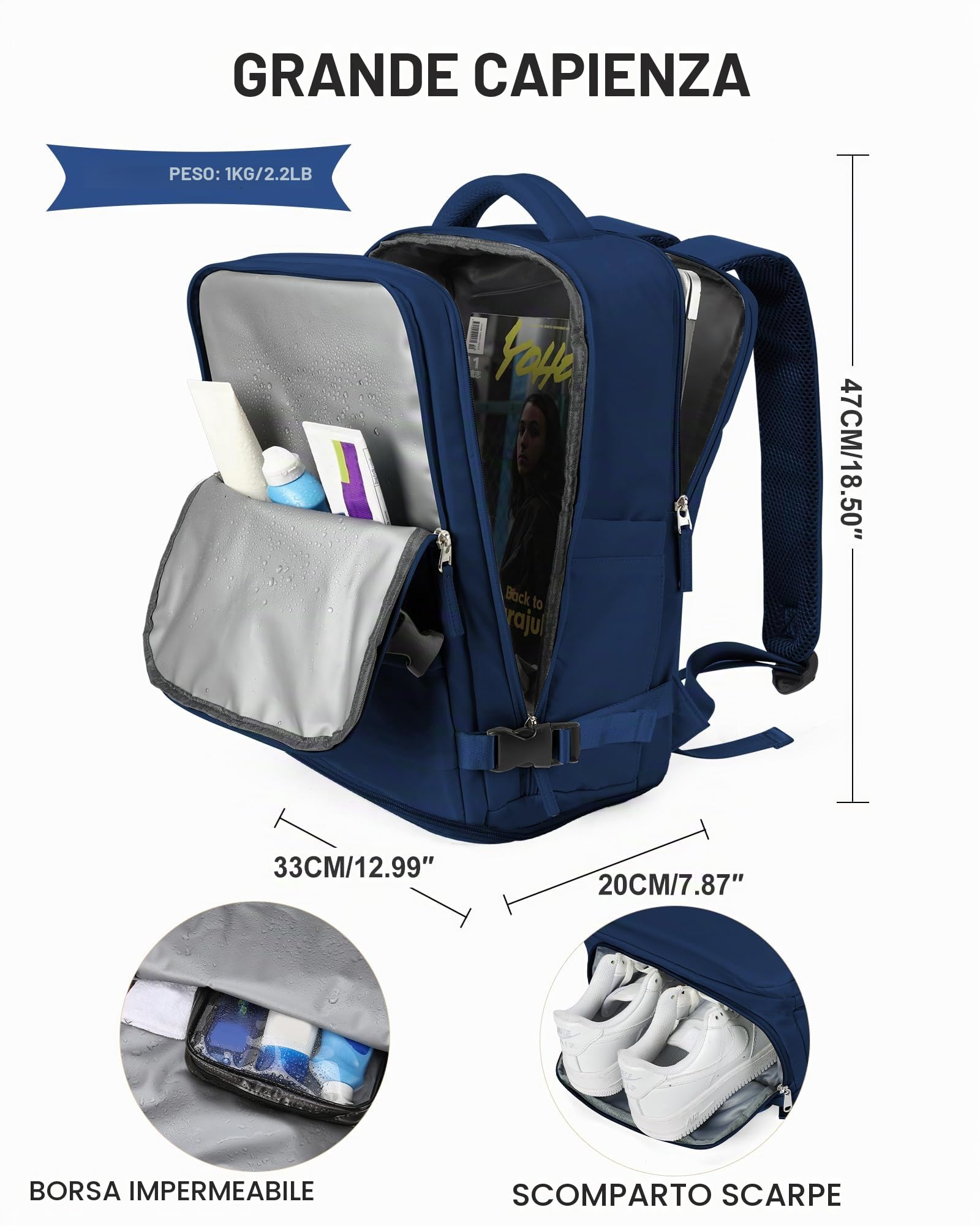 SZLX Zaino Ryanair 40x30x20 Sottovuoto Zaino da Viaggio 40x20x25 Ryanair Wizzair Donna da escursionismo impermeabile Zaino Casual Laptop da 14 Pollici con porta di ricarica USB Scomparto per Scarpe