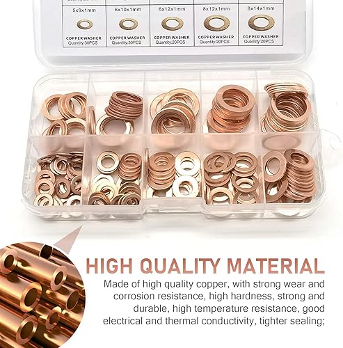 Miniatura 4 de lekiliky Juego surtido de 200 arandelas métricas de cobre, 9 tamaños de tapón de drenaje de aceite, surtido de arandelas aplastantes, junta de