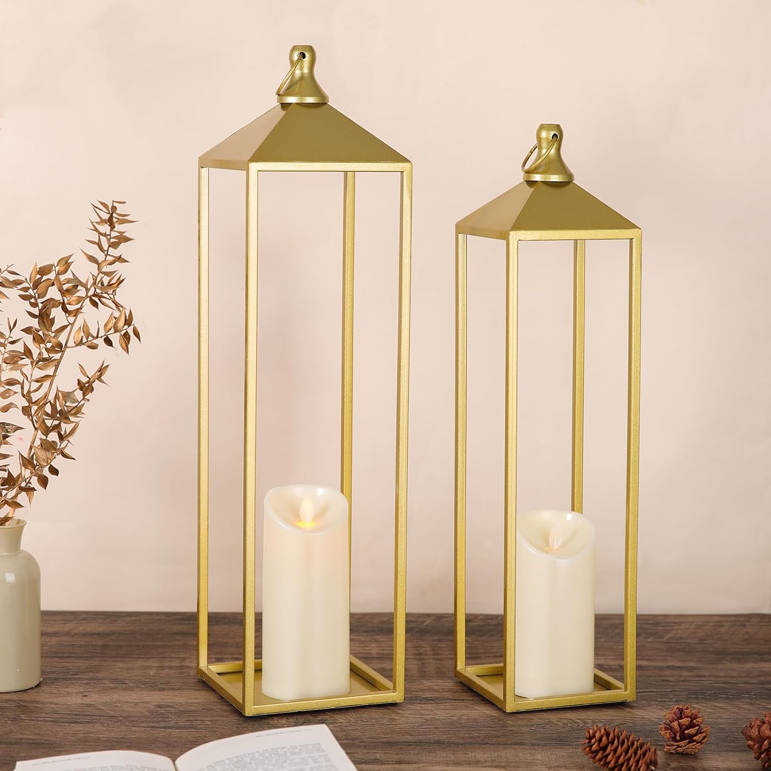 22'' 19'' large lanterns decorative outdoor indoor, set of 2 gold metal candle lantern modern farmhouse floor lanterns decorative for mantle, patio, porch, garden, home decor gold 22in and 19in