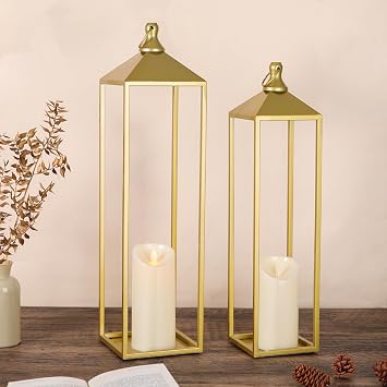 22 19 Large Lanterns Decorative Outdoor Indoor, Set of 2 Gold Metal Candle Lantern Decorative for Mantle, Patio, Porch, Garden, Home Decor No Glass