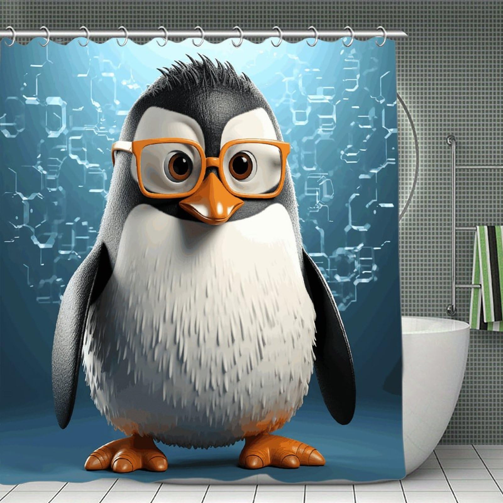 VstaDank Penguin with Glasses Shower Curtain Waterproof Bathroom Curtain with Hooks Luxury Weighted Bath Curtains for Bathtubs Showers Room Dividers Decorative Shower Curtains 71x71 in