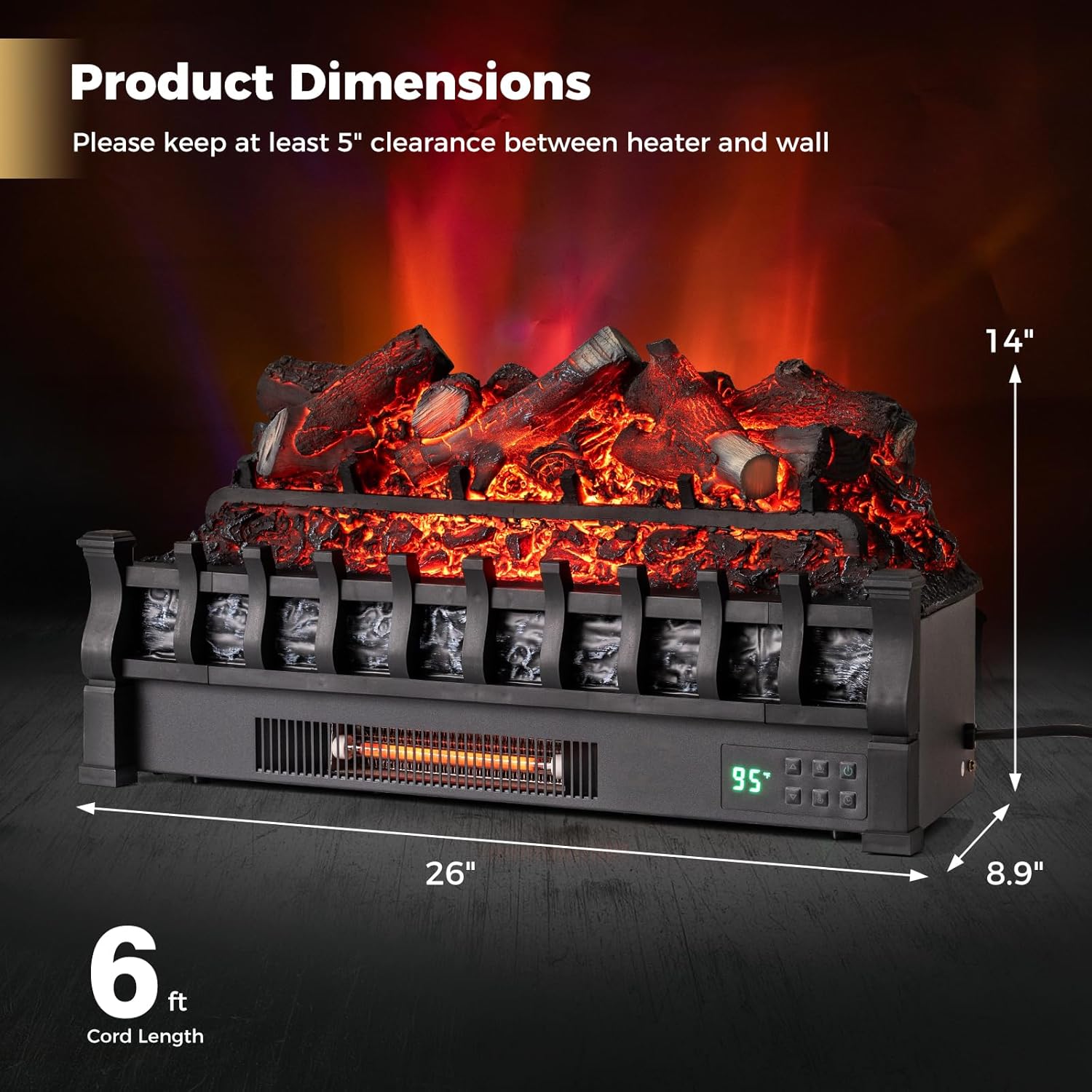 COSTWAY 26-inch Smart WiFi Electric Fireplace Log 1500W, Realistic Pinewood Ember Bed, APP/Remote Control, Adjustable Flame Colors, Thermostat, Infrared Quartz Fireplace for Home Decor, Black