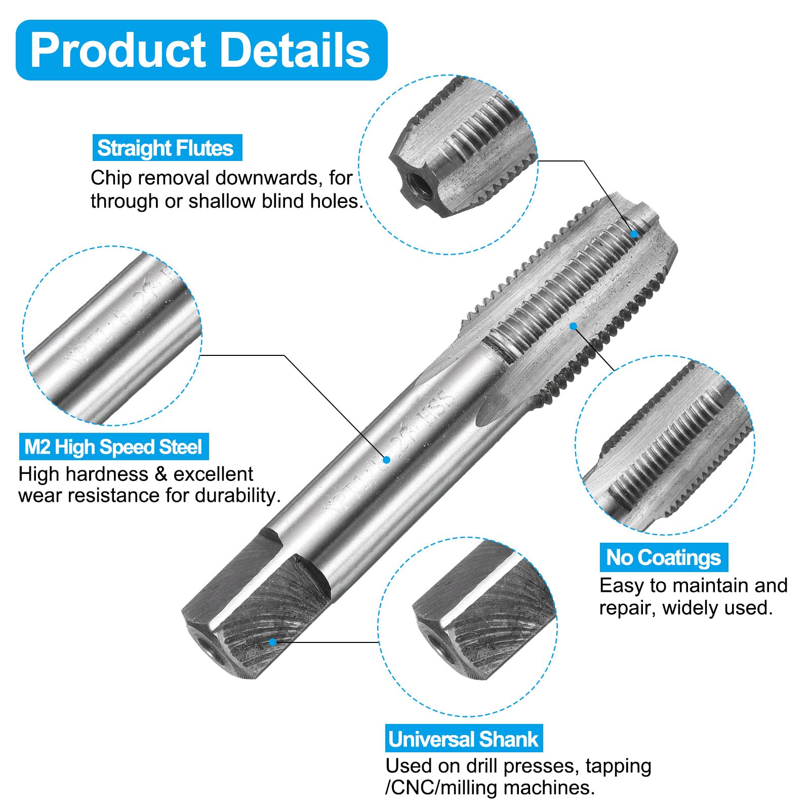Set di maschi e punte da trapano, 2 maschi per filettatura a scanalatura dritta NPT 1/8-27 e 2 punte elicoidali da 8,3 mm, kit di utensili per filettatura HSS-6542 in ossido nero/non rivestito