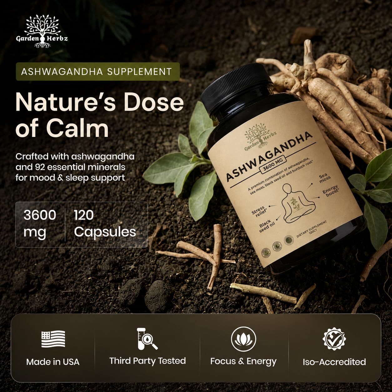 Organic Ashwagandha Supplement for Women & Men 3600 mg, Sea Moss Capsules — Amazon image 2