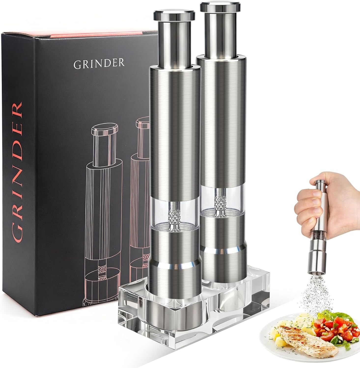 Premium Stainless Steel Salt and Pepper Grinder Set – Refillable One-Handed Thumb Press Grinders with Stand – Ideal for Kitchen, Dining, and Gifts