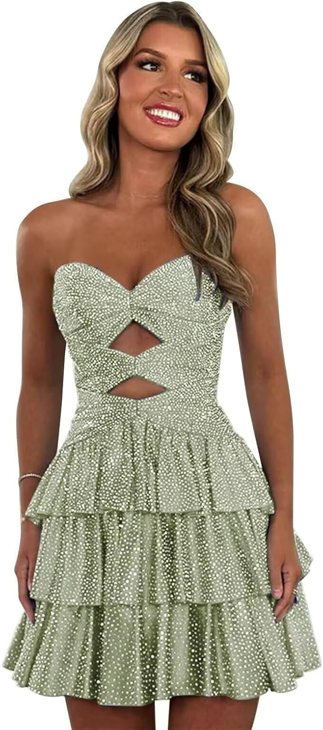 Sparkle Sequins Homecoming Dresses for Teens 2025 Strapless Tiered Short Cocktail Party Gown Cut Out Mini Prom Dress
