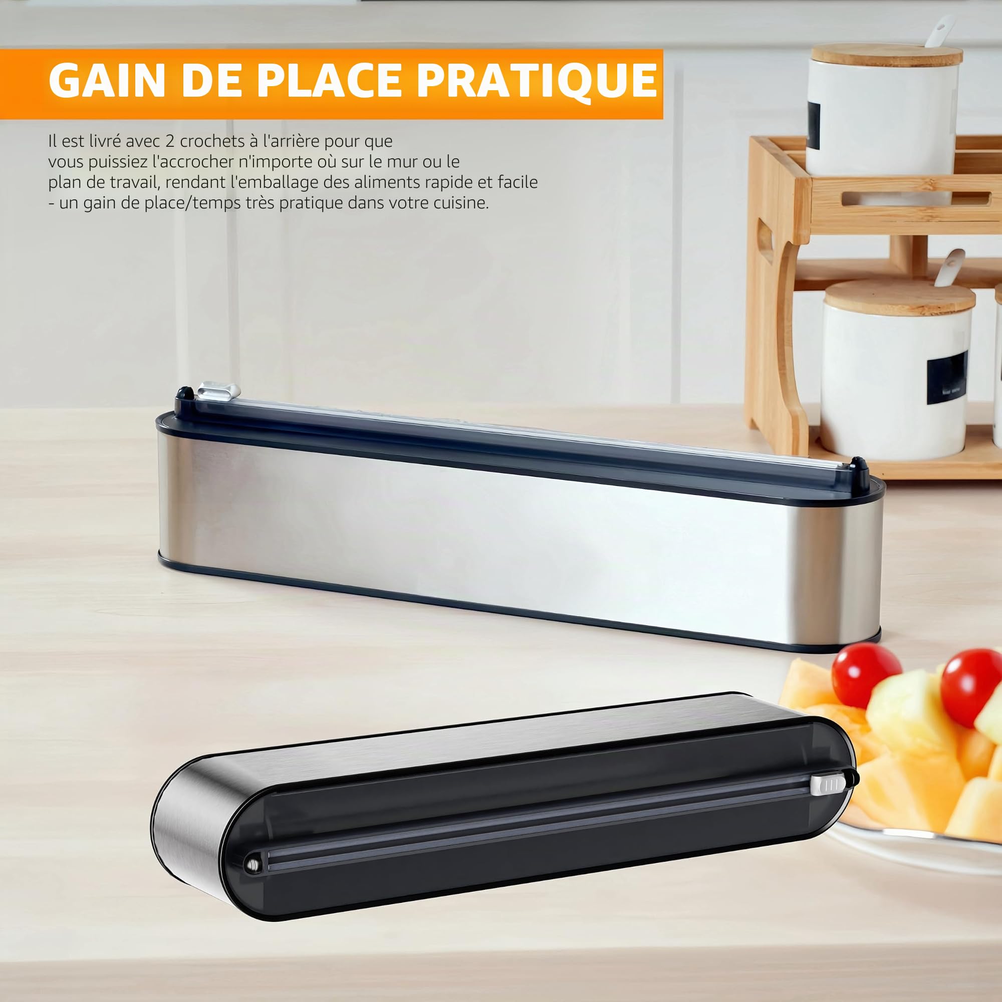 Derouleur Film Alimentaire - Fixation Magnétique et Murale sans Perçage, Distributeur Papier Aluminium et Film pour Organisation la Cuisine - Inclus 2x100m Rouleaux, Acier Inox Argenté