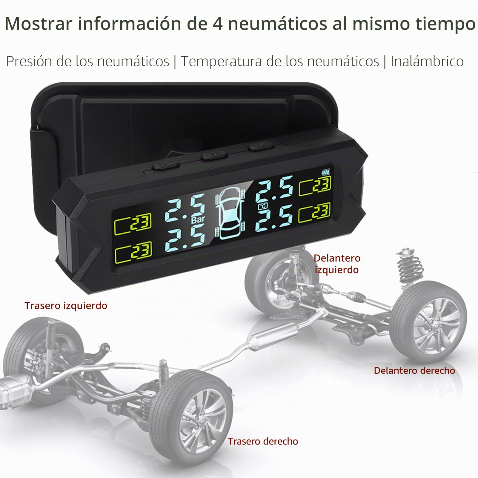 Shkalacar USB/Solar TPMS 0-81 PSI Sistema de Control de Presión de Neumáticos con 4 Sensores, 5 Modos de Alarma, Pantalla LCD con Retroiluminación Automática para Coche Sedán SUV MPV (Interno)