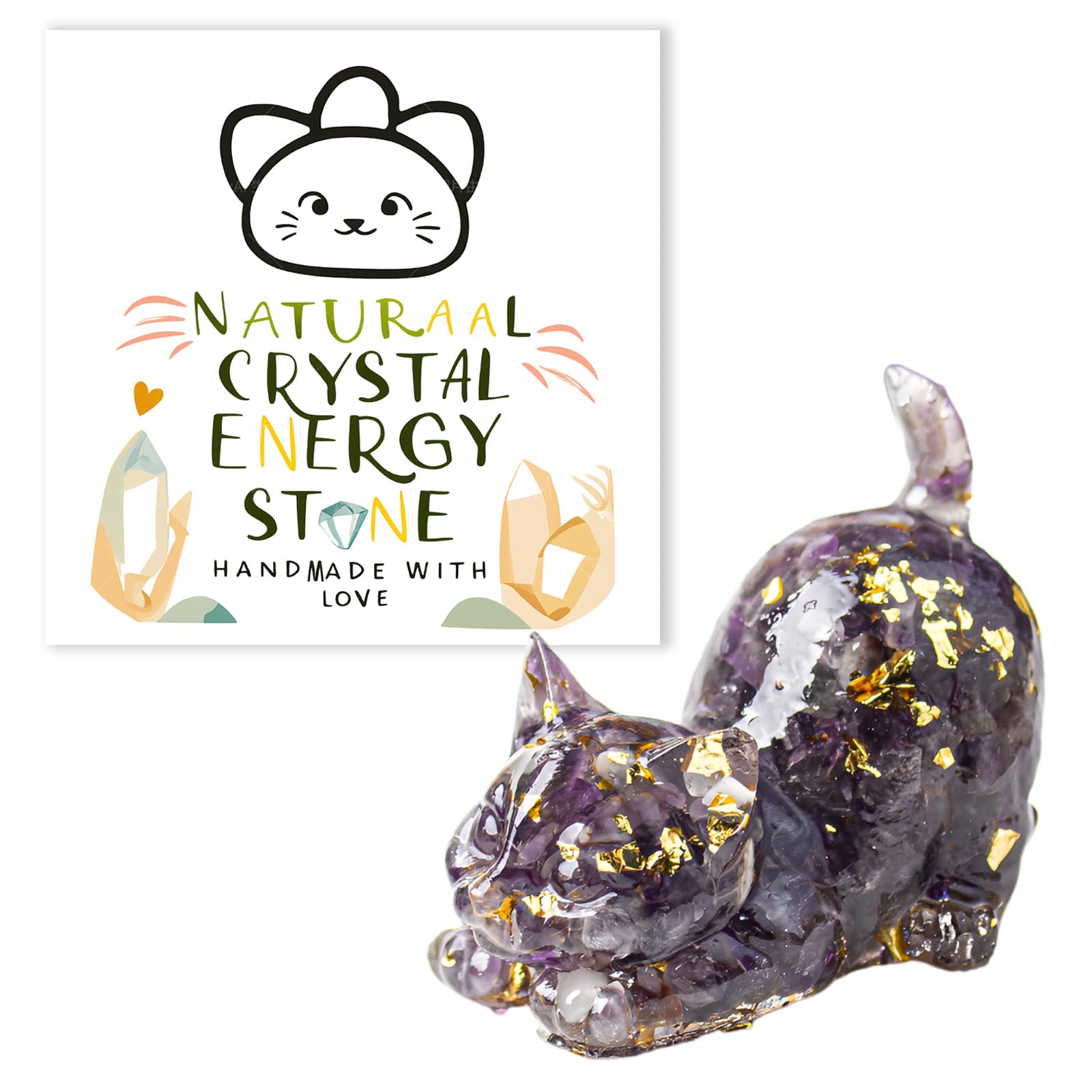 Plorede Amethyst Crystal Cat Ornaments for Cat Lovers, Purple Energy Stone Spiritual Gift for Her, Meditation Decoration Desk Ornaments with Gift Card for Home Office Decor, Meditation, Reiki Healing
