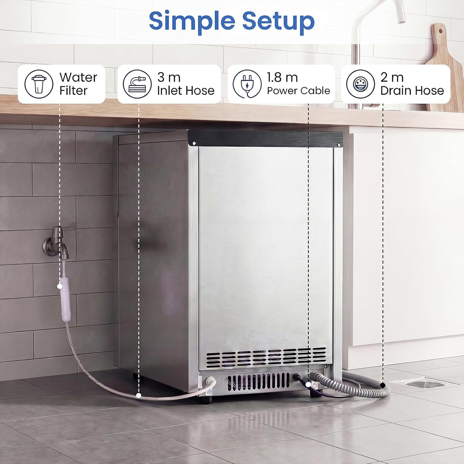 LIFEZEAL Macchina per Ghiaccio Commerciale 120W, 25 kg/24h, Macchina del Ghiaccio da Banco in Acciaio Inox con Paletta, Filtro PP per Acqua, Timer, Funzione Autopulente, per Ristorante, Ufficio, Bar