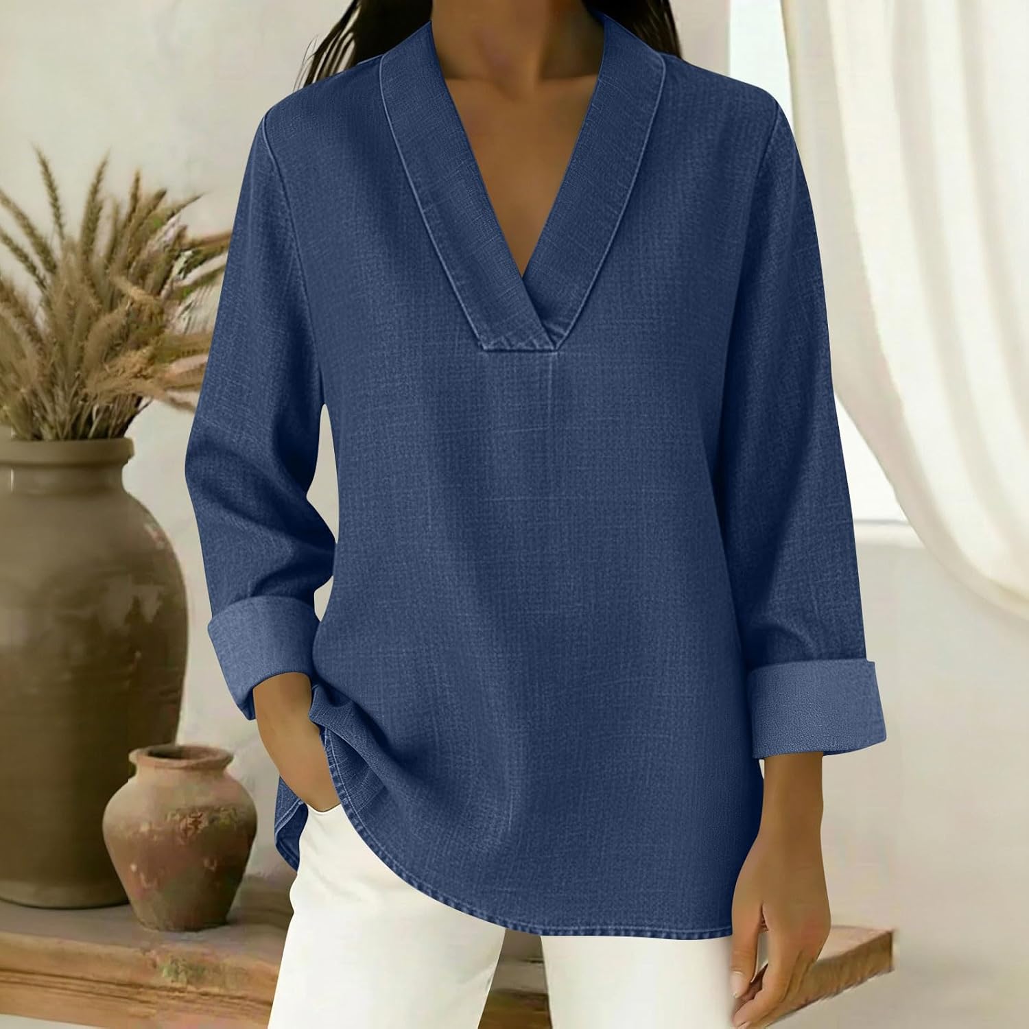 Women Faux Denim Shirts, Long Sleeve V-Neck Loose Tunic Tops Solid Color Casual Tees