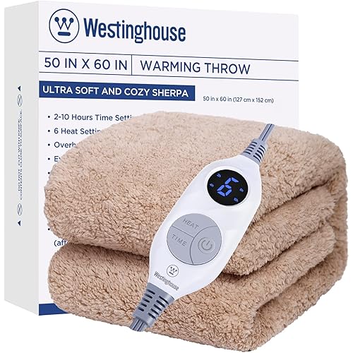 Westinghouse Electric Blanket Throw Size, Soft Plush Sherpa Heated Blanket with 6 Heating Levels & 2-10 Hours Auto-Off, Machine Washable, 50x60 inches, Camel