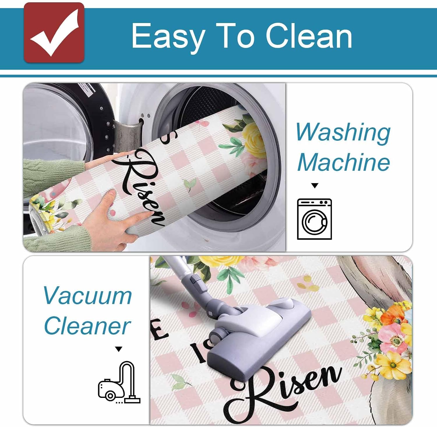 Happy Easter Kitchen Mats Set of 2 Spring Gray Bunny Yellow Floral He is Risen Pink Plaid Non Slip Mat Washable Floor Rug for Kitchen Sink Floor Laundry, 15.7"x23.6"+15.7"x47.2"