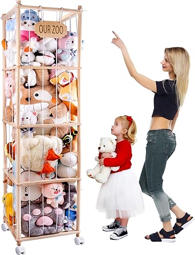 GRETJOB Organizador de almacenamiento de animales de peluche extra grande con ruedas y bolsillos de malla, jaula de madera de 70 x 16.5 x 16.5