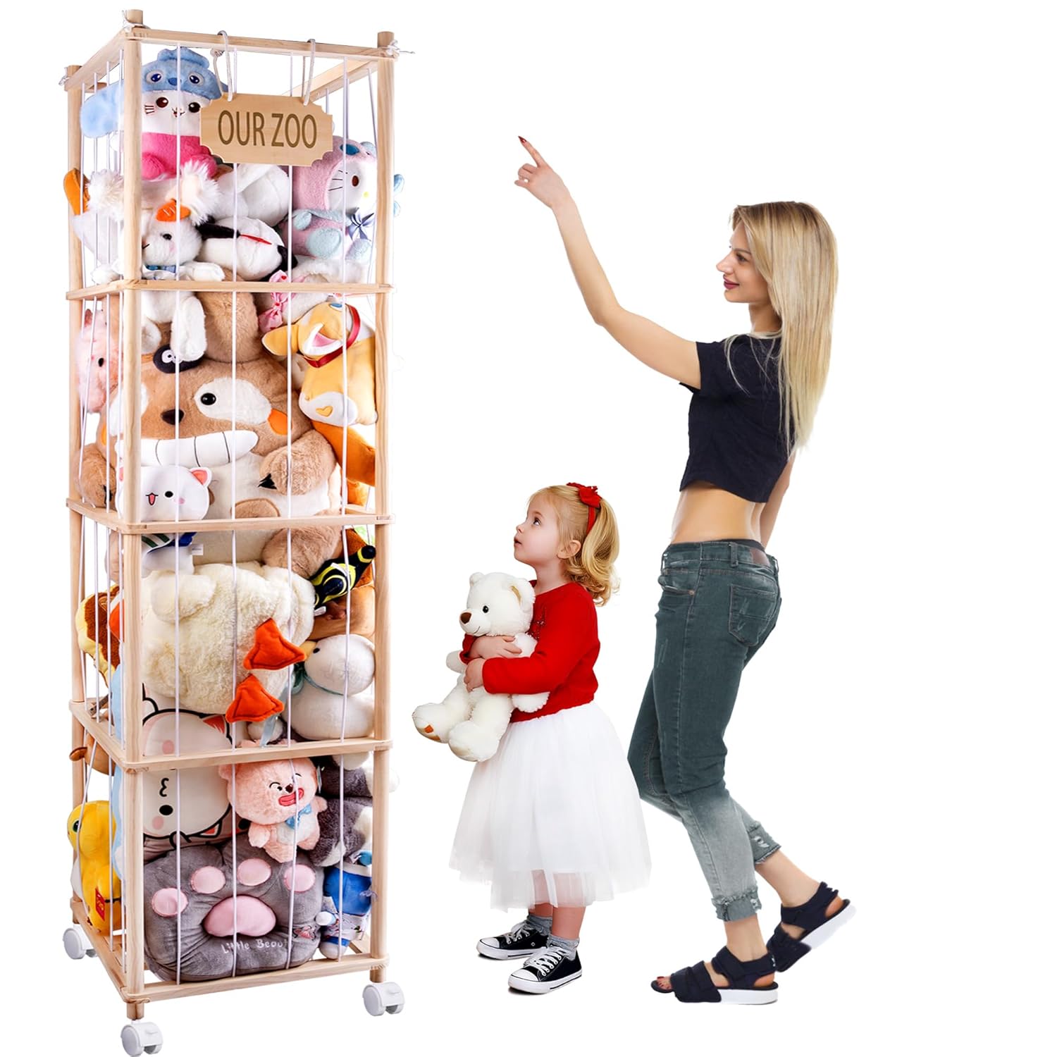 GRETJOB Extra Large Stuffed Animal Storage Organizer with Wheels & Mesh Pockets - 70x16.5x16.5 Inch Wooden Corner Toy Cage, Space-Saving Plush Zoo Holder for 220+ Toys, Nursery Playroom Bedroom