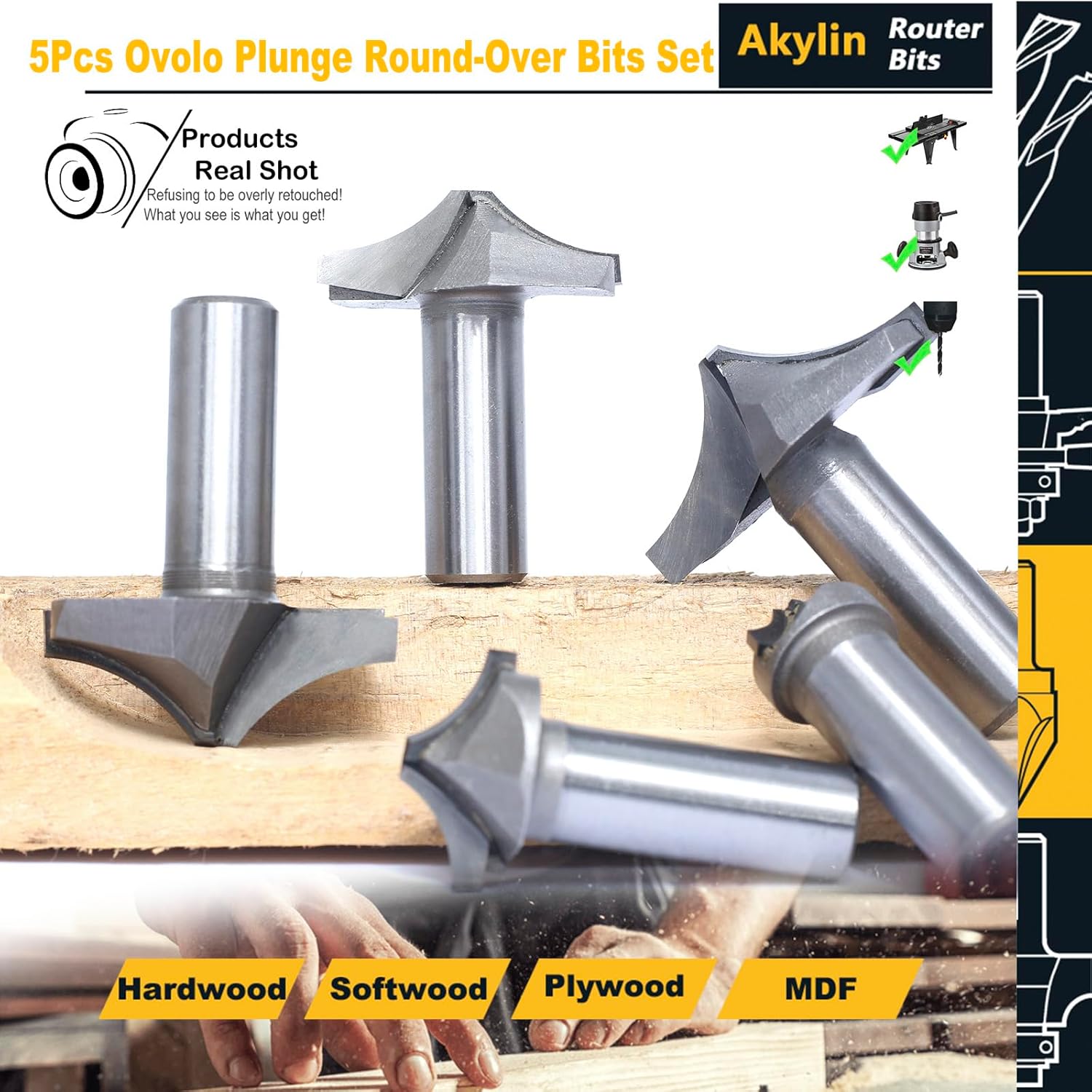 5pcs Rounding Over Ovolo Bit Set,1/2" Shank,3/4", 1",1-1/2",1-5/8" and 1-3/4" Cutting Dia. ,Open End Carving Router Bits,Flat Bottom Roundover Cutters for Drawer Fronts/Rule Joints Plunging
