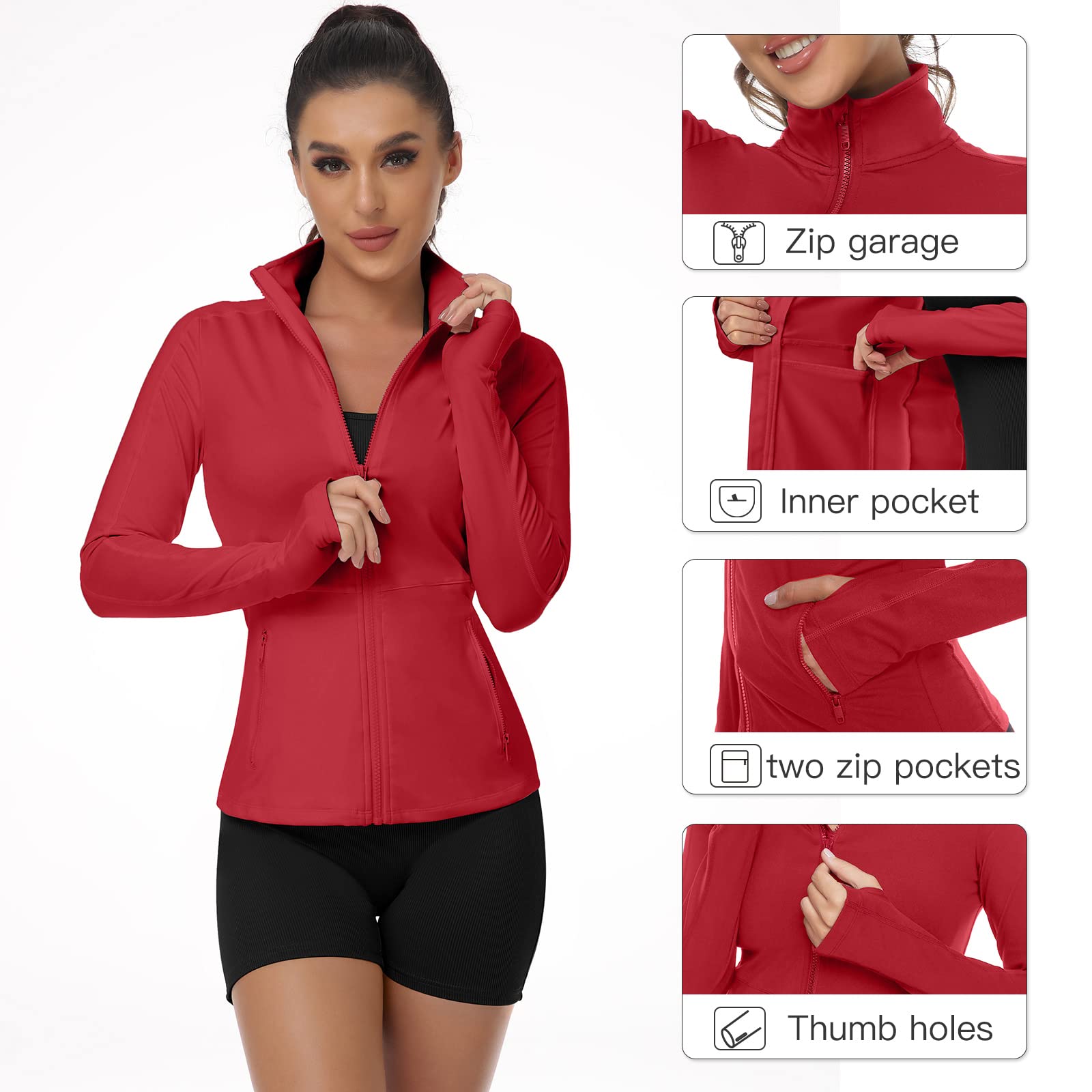 VUTRU Chaqueta deportiva para mujer, de manga larga, para fitness, yoga, transpirable, con bolsillos, orificios para el pulgar con cremallera