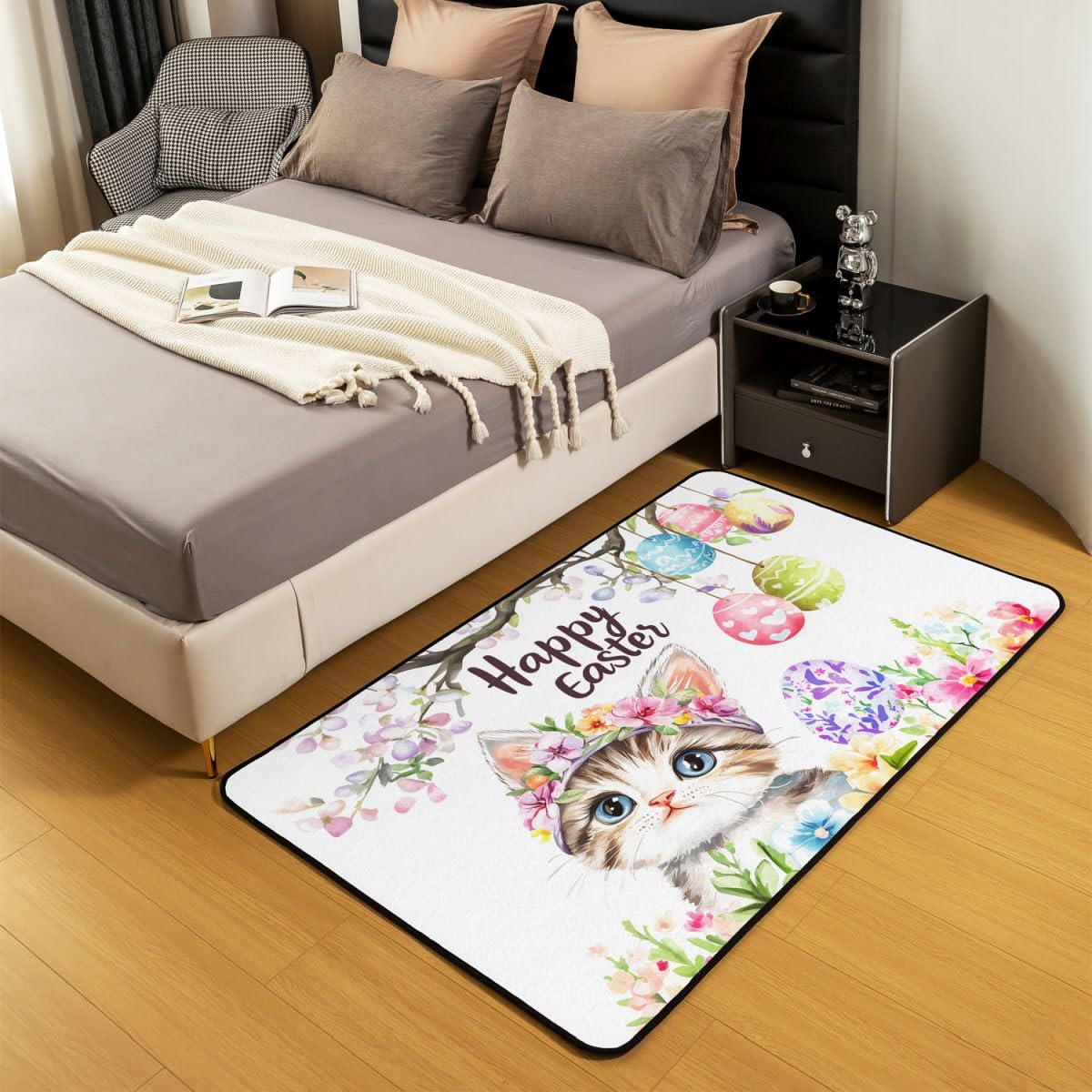 Dywan do salonu, motyw wesołych Świąt Wielkanocnych, 100 x 150 cm, Kawaii, koty, zwierzęta, kwiaty, do sypialni, dla dzieci, nastolatków, akwareli, pisanek, kwiatów, do wnętrz, jako