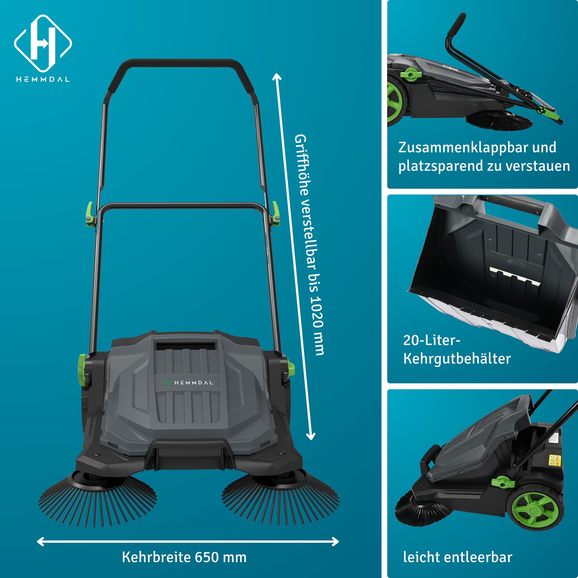 HEMMDAL Kehrmaschine HKM65 manuell | 65 cm Kehrbreite | 2.600 m²/h Kehrleistung | 20 l Behälter | Grau | für trockene Oberflächen im Außenbereich | höhenverstellbarer Soft-Griff | Handkehrmaschine