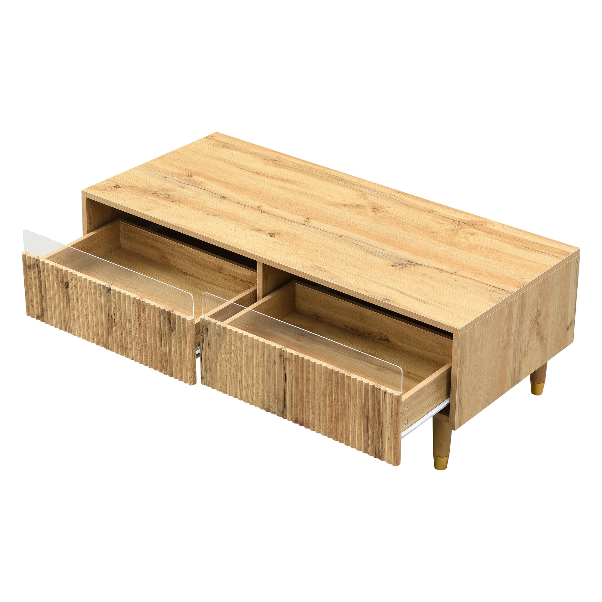 Mesa de centro con cajón ondulado, patas de madera dorada, dos cajones