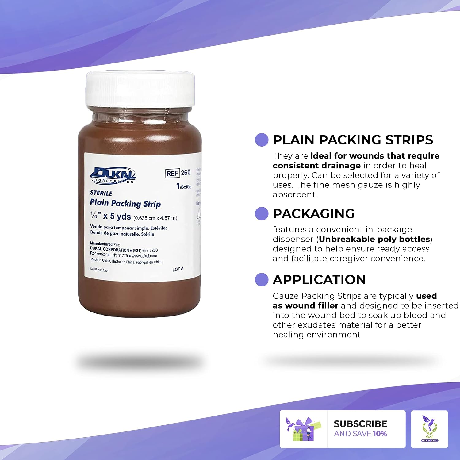 Dukal Plain Wound Packing Strips 1/4" x 5 Yards. Woven Gauze Fabric Packing Strips. Wound Sterile Strips in Unbreakable Poly Bottles. Sterile Packing for Open or Infected Wounds.