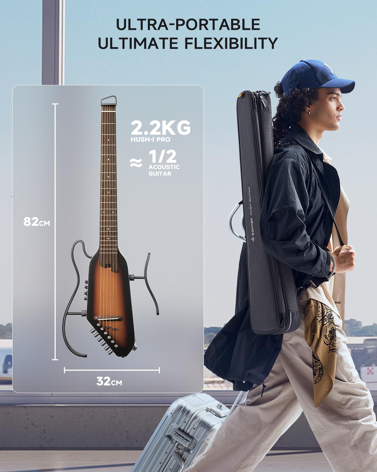 Donner Chitarra Elettroacustica HUSH I PRO Travel, Kit Intelligente con Cuffie e Borsa, Sunburst